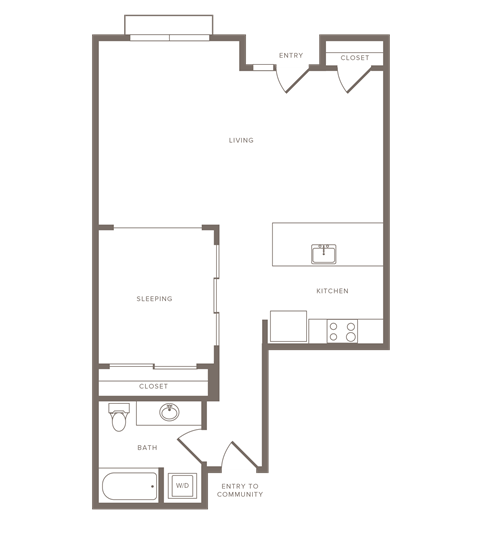 Floor plan for 1 bed, 1 bath, 868 sqft